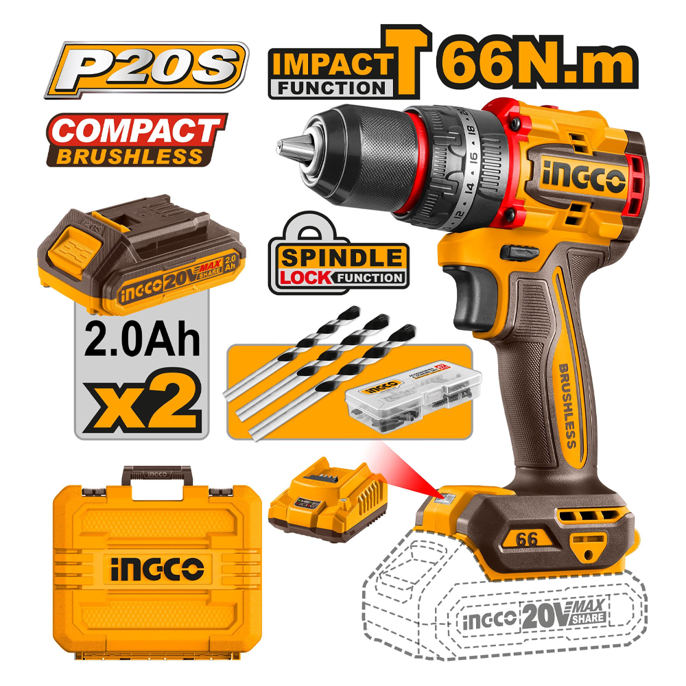 Ingco CIDLI206681 Cordless Li-Ion BL Impact Drill 20V (Bare)