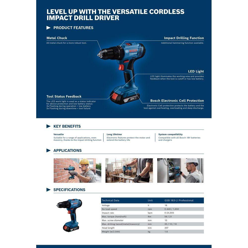 Bosch GSB 183 Cordless Impact Hammer Drill / Driver 3/8