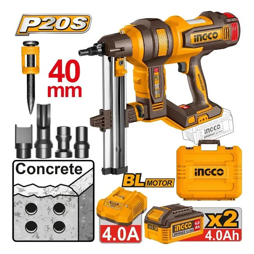 Ingco CCNLI9008 Cordless Brushless Li-Ion Concrete Nailer 40mm 20V 4.0AH