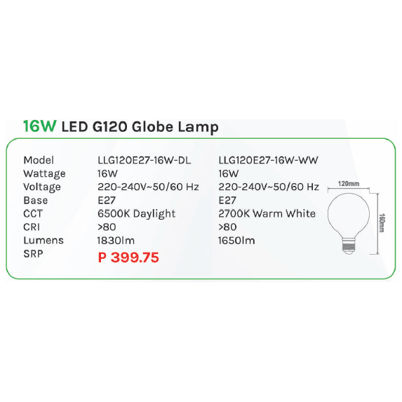 Omni 16W LED G120 Globe Lamp Light - KHM Megatools Corp.