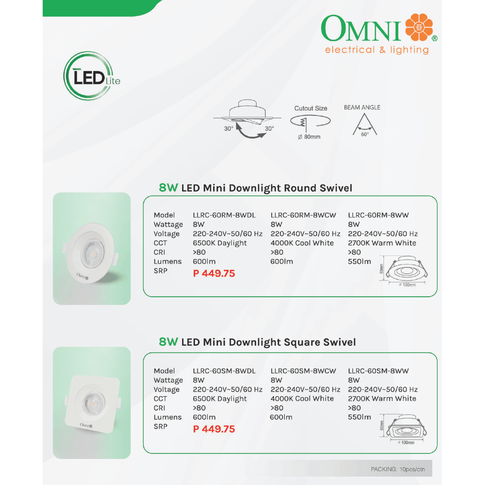 Omni LED Mini Recessed Movable Downlight Round Swivel (8W) - KHM Megatools Corp.