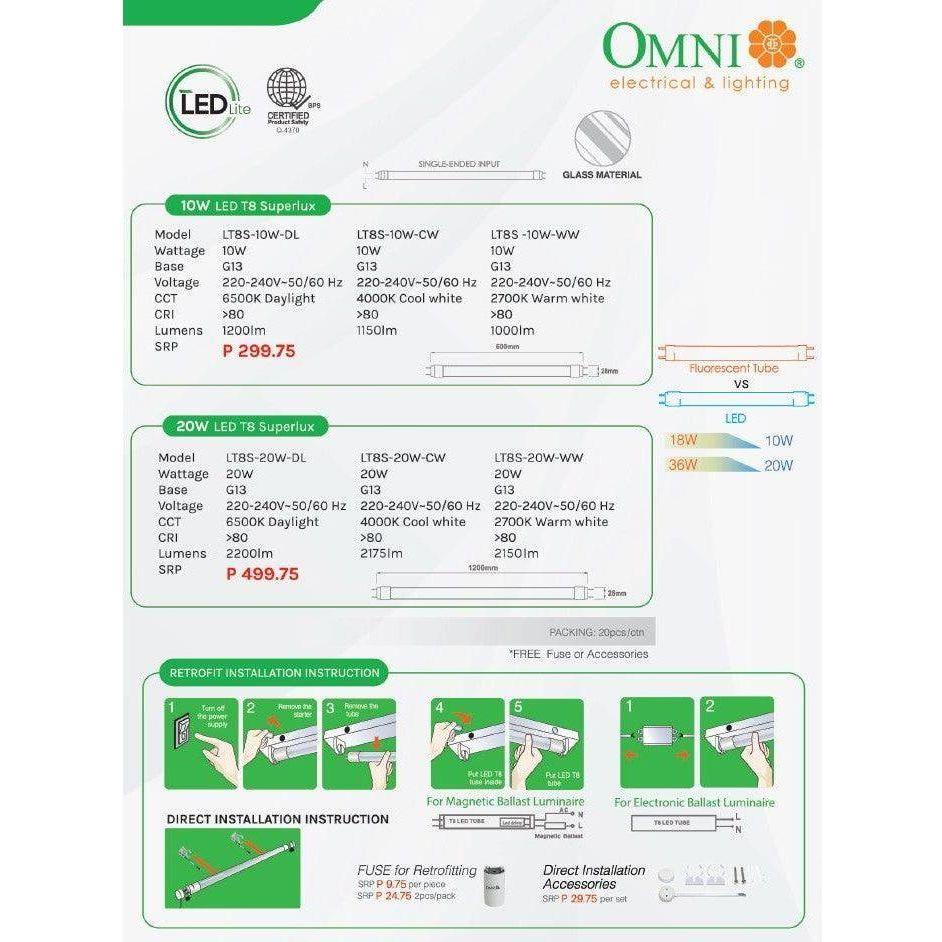 Omni T8 Tube (Superlux) Single-Ended Input Fluorescent LED Glass Tube Light - KHM Megatools Corp.