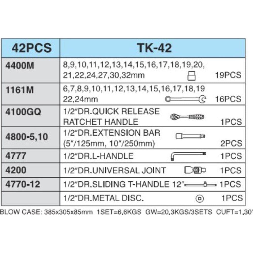 Hans TK-42 42pcs. Socket & Combination Wrench Set 1/2' Drive | Hans by KHM Megatools Corp.