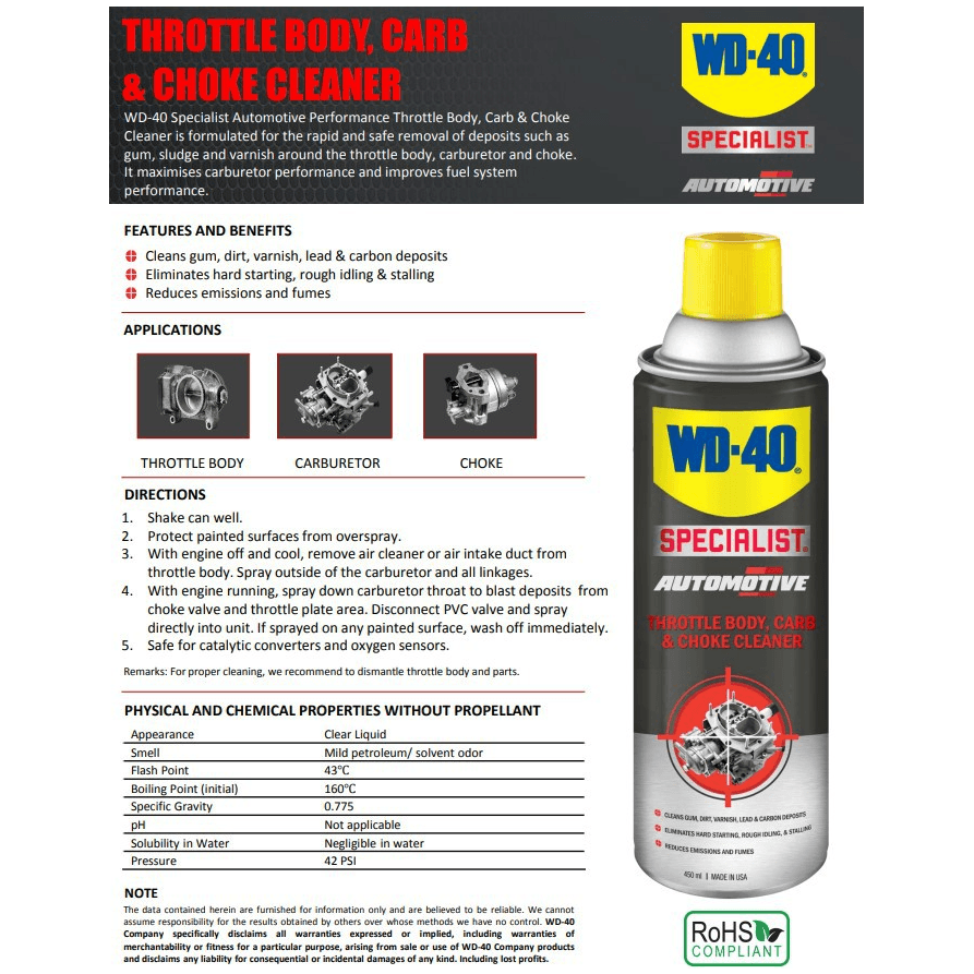 WD-40 Automotive Throttle Body, Carb & Choke Cleaner 450mL (WD-AMC-TCCC450) - KHM Megatools Corp.