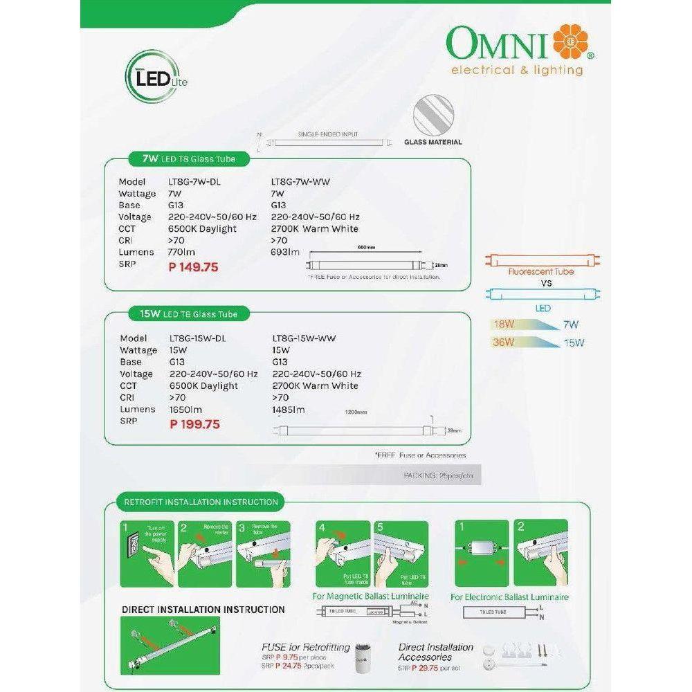 Omni T8 Tube Single-Ended Input Fluorescent LED T8 Glass Tube Light - KHM Megatools Corp.